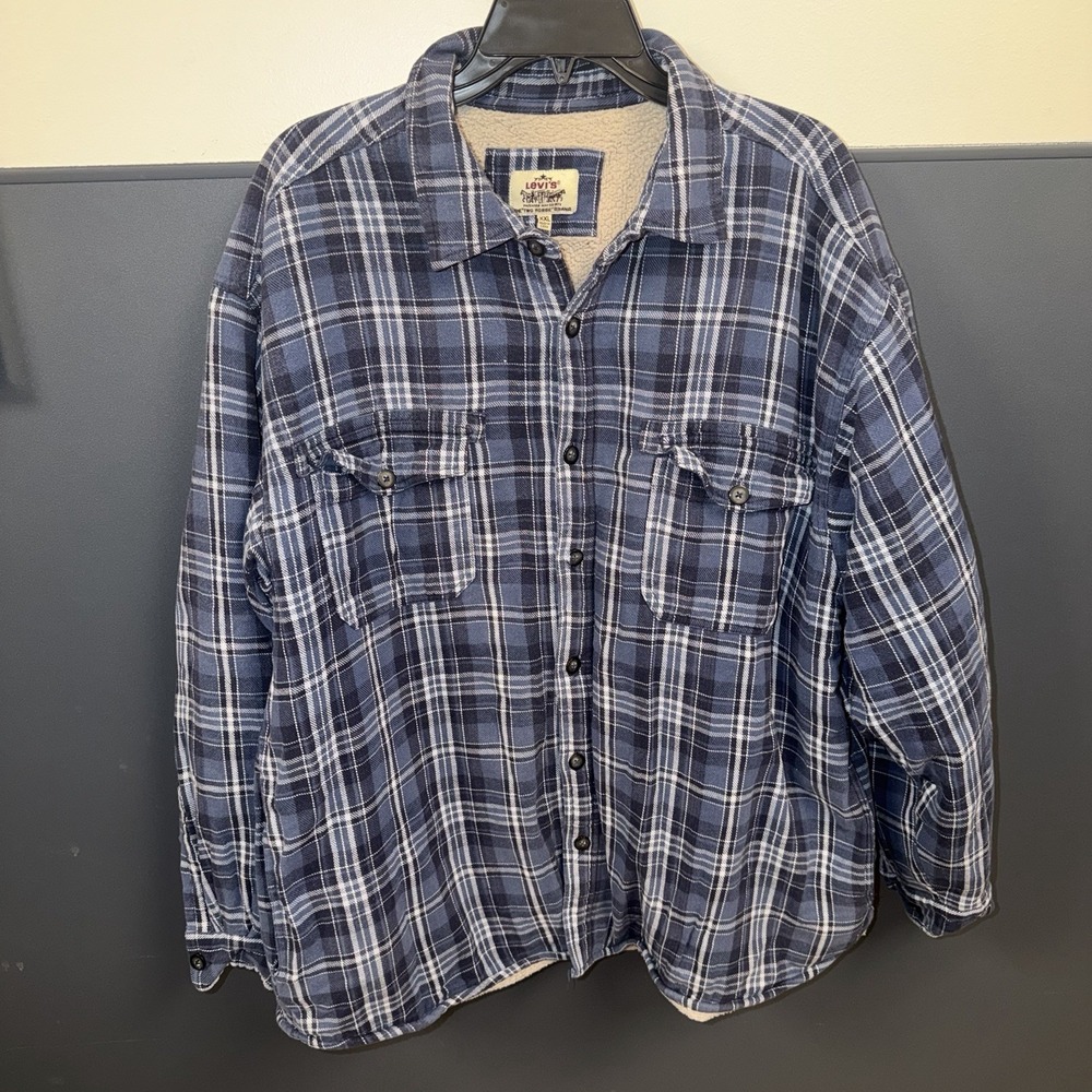 Levi Strauss Sherpa Lined Jacket Coat Blue Flannel Collared Pockets Warm Sz XXL